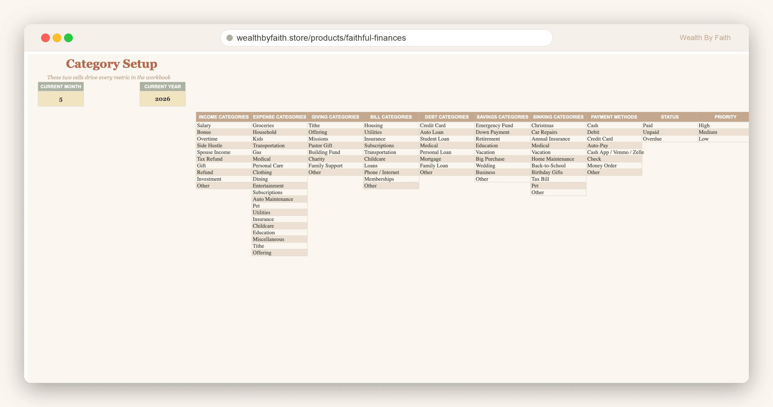 Category Setup with month/year drivers and 12 dropdown lists