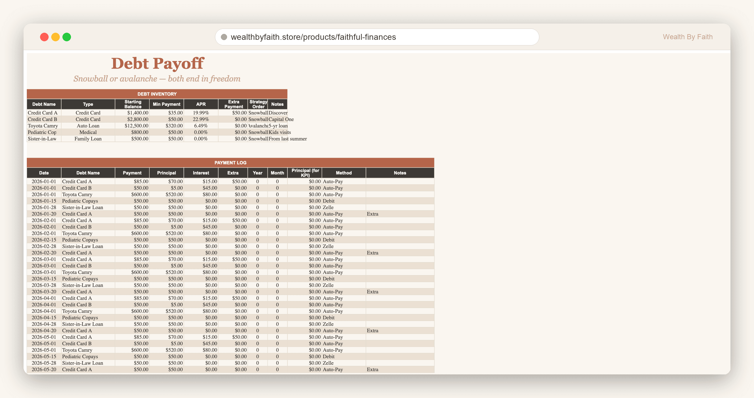 Debt Payoff — inventory plus payment log