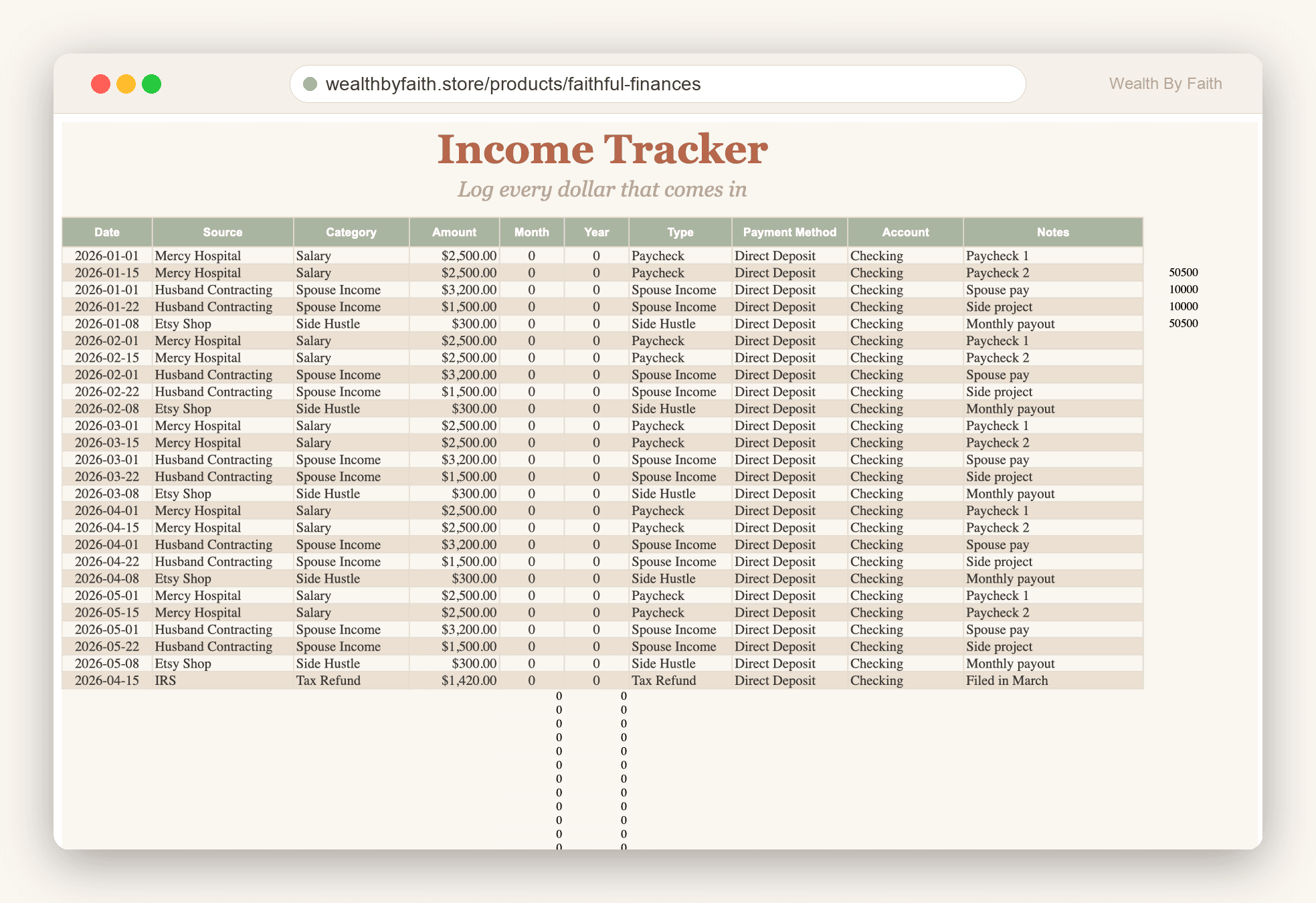 Income Tracker — log every paycheck, side hustle, refund, gift