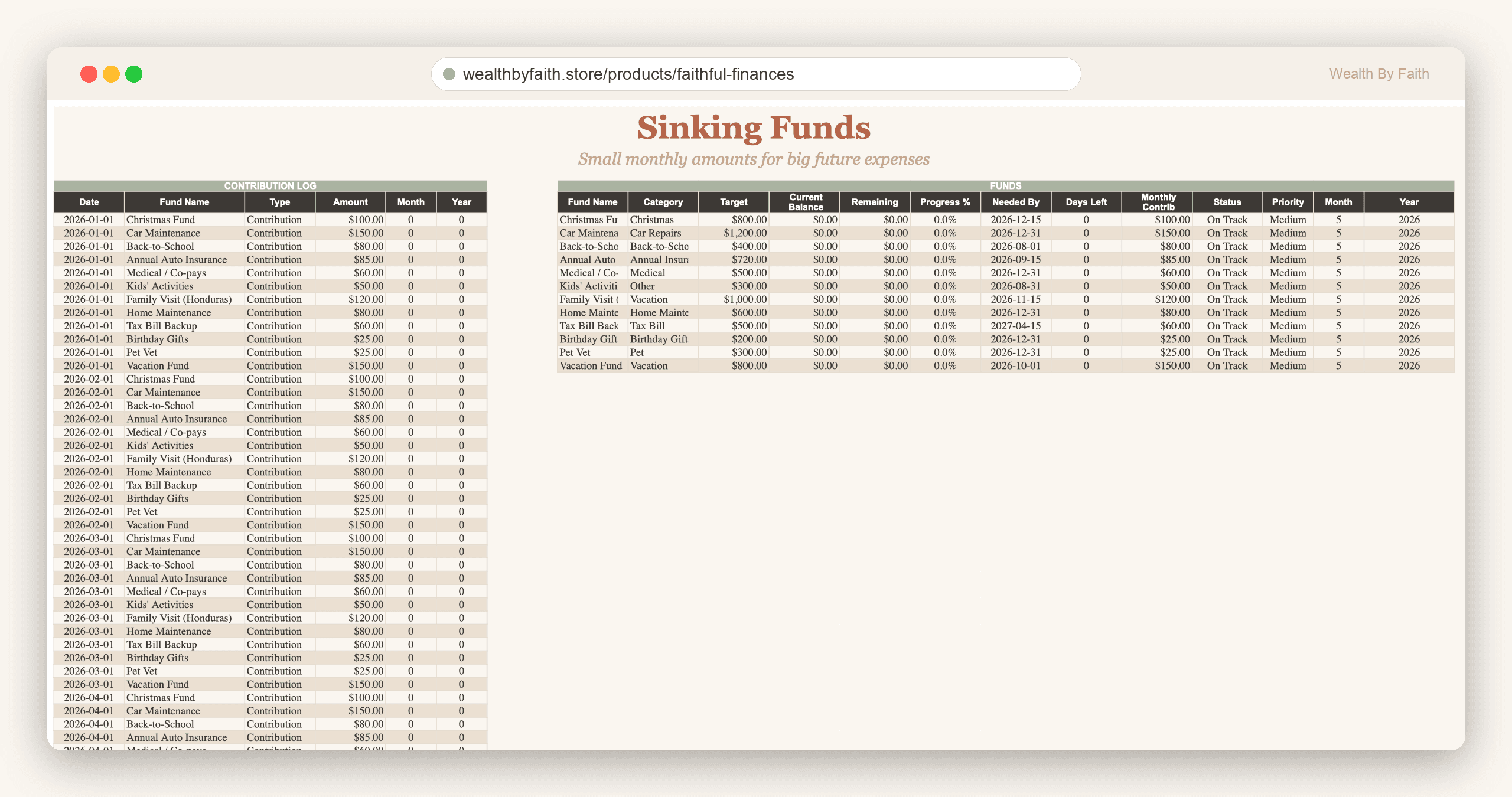 Sinking Funds — save monthly for upcoming expenses